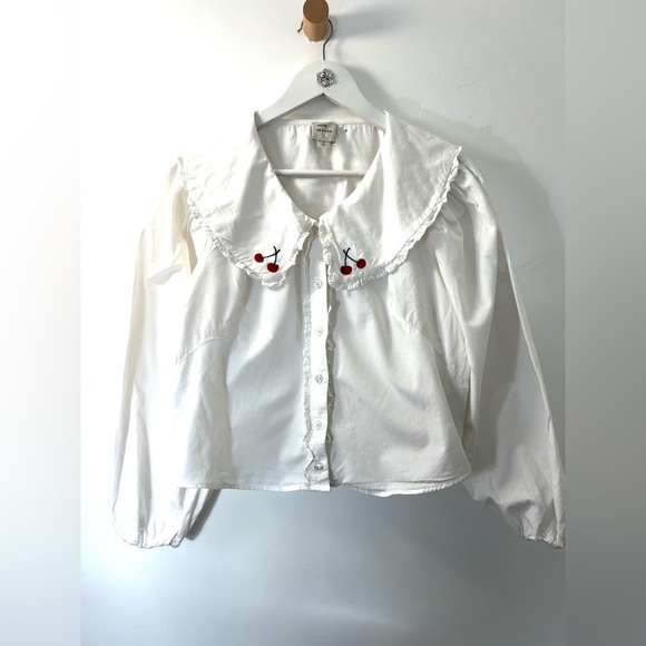 Anthropologie Maeve White Button Down Shirt with Cherry Embroidery - Picture 5 of 6